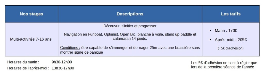 Tableau tarifs stages petites vacances 2026