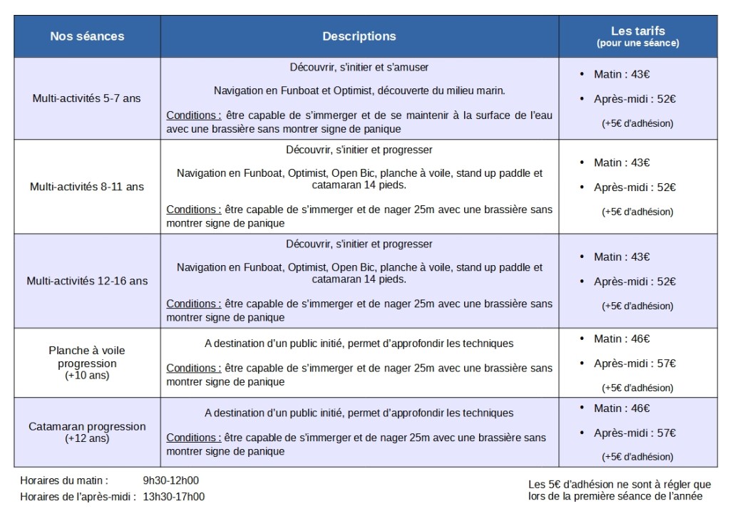 Tableau tarifs séances à la carte 2026